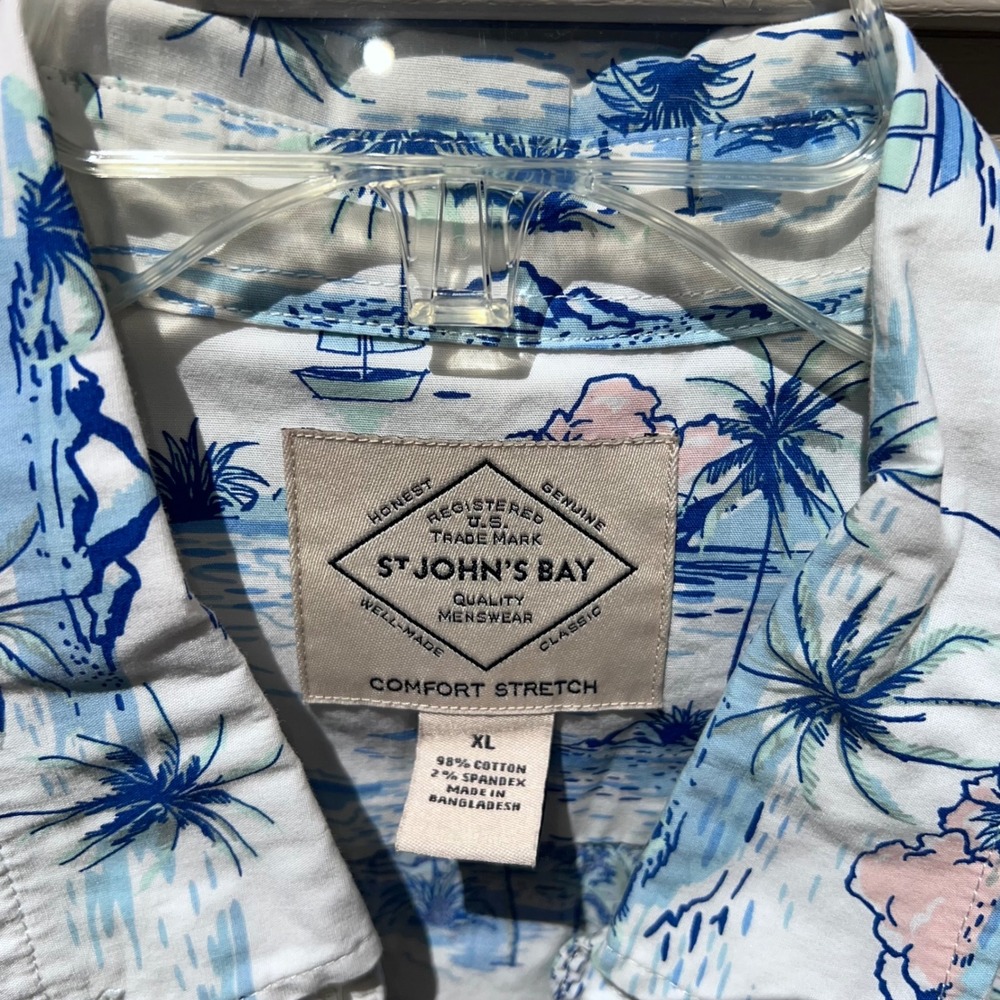 Mens XL Tropical Palm Tree Sailboat Button Down stretch Vacation resort - Picture 2 of 4